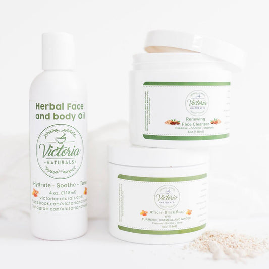 Glow Renewal Skincare Set – African Black Soap, Face Cleanser & Herbal Oil